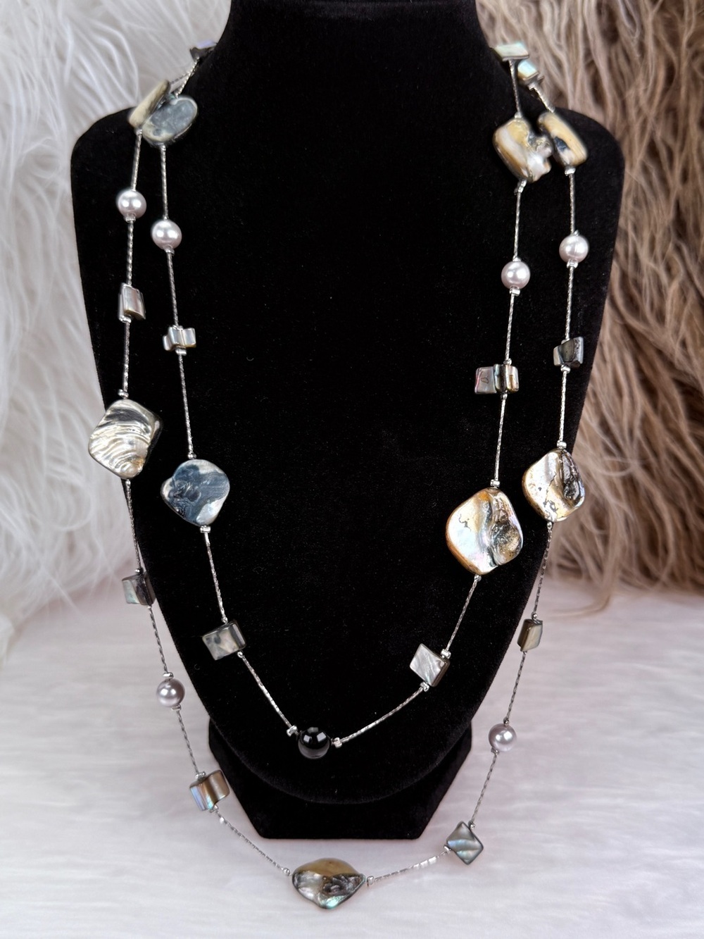 Vintage Mother of Pearl Shell Long Necklace Gray Pearl Abalone Silver Tone